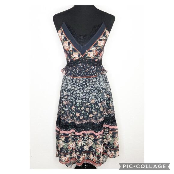 Adelyn Rae Marcella navy black floral high low lace trim midi dress Extra Small - Picture 2 of 16